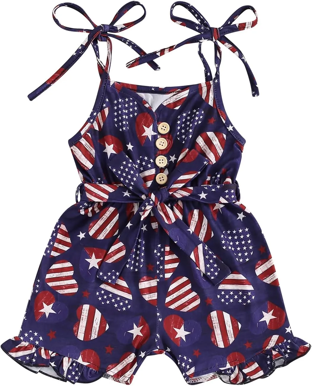 4th of July Outfit Toddler Girl Stars Stripe Flag Tie-Up Romper Overall Shorts Little Girls 4th of July Clothing