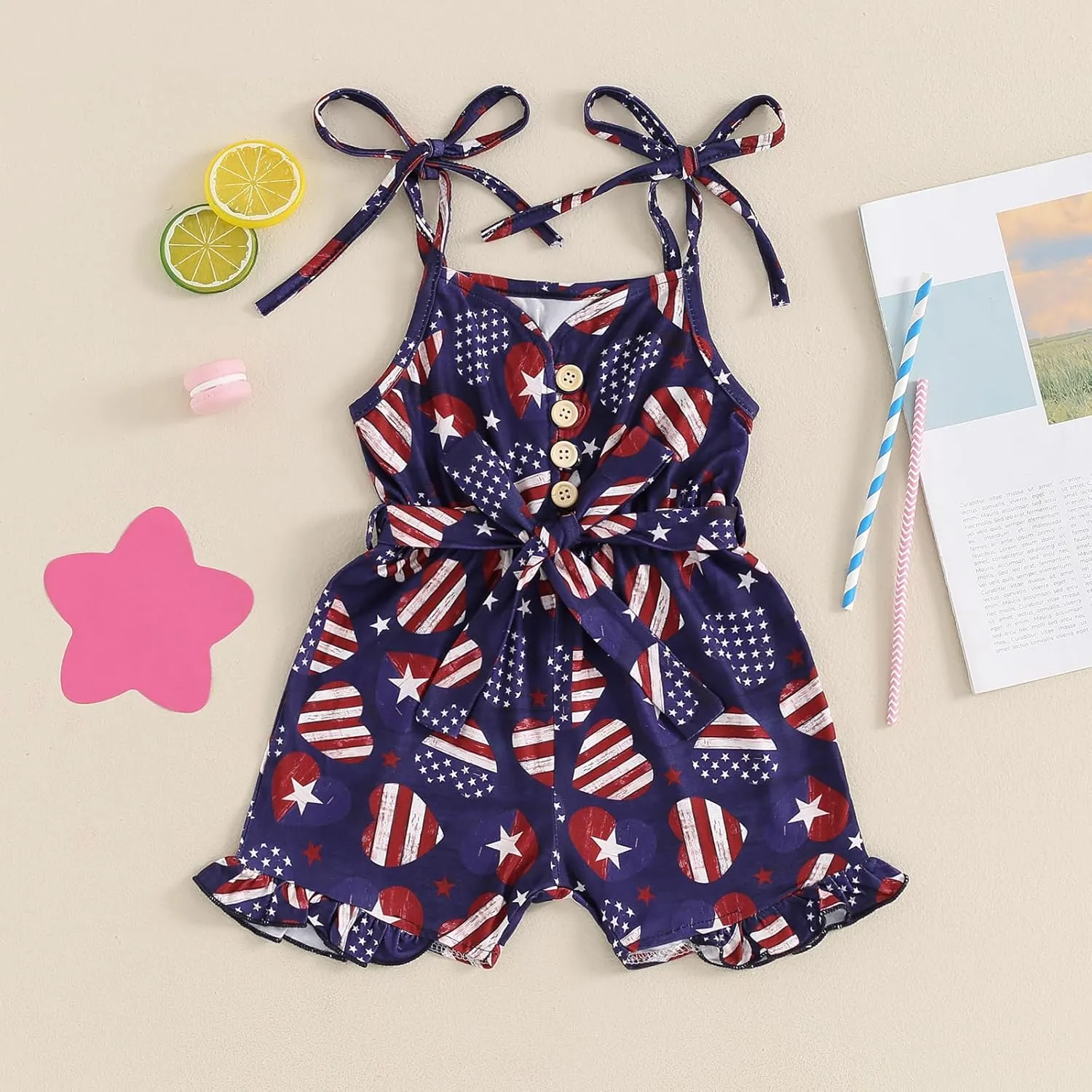 4th of July Outfit Toddler Girl Stars Stripe Flag Tie-Up Romper Overall Shorts Little Girls 4th of July Clothing