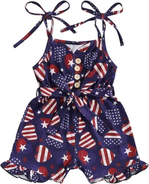 4th of July Outfit Toddler Girl Stars Stripe Flag Tie-Up Romper Overall Shorts Little Girls 4th of July Clothing