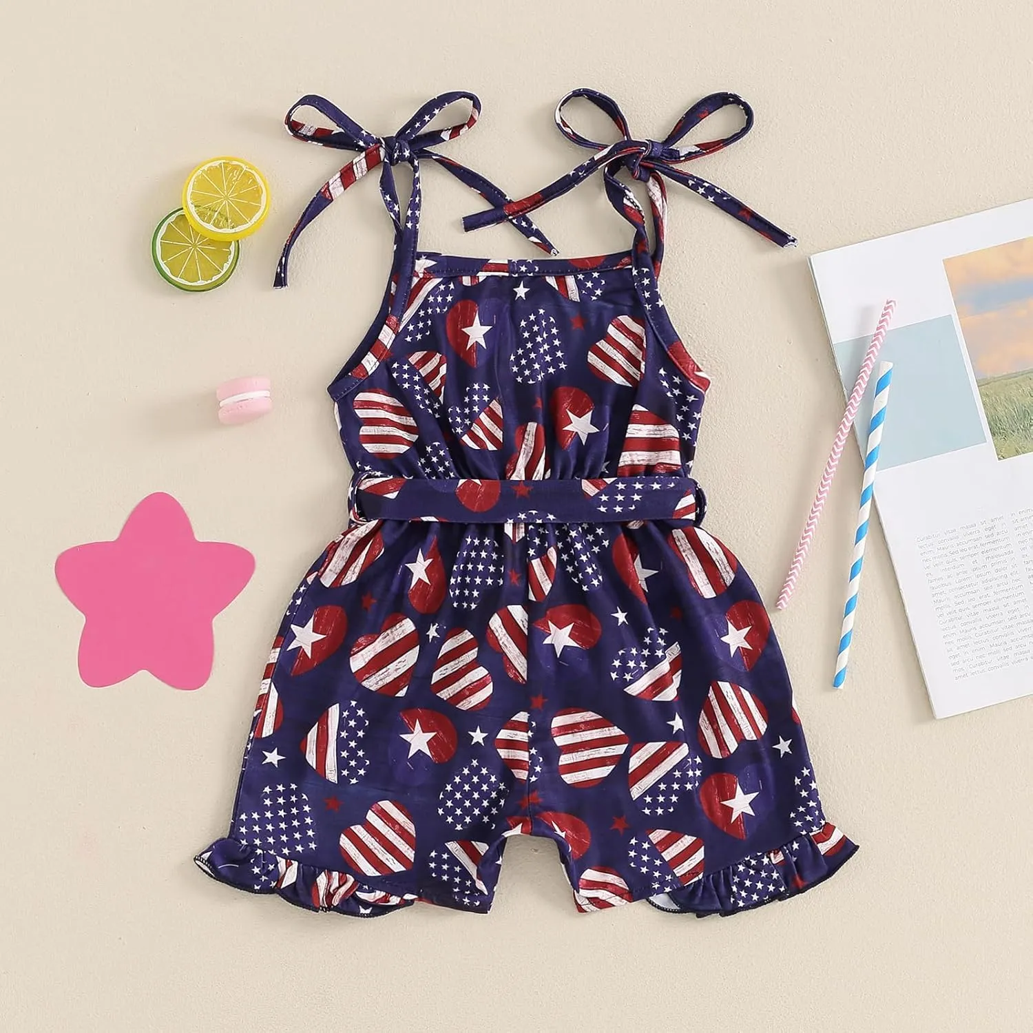 4th of July Outfit Toddler Girl Stars Stripe Flag Tie-Up Romper Overall Shorts Little Girls 4th of July Clothing