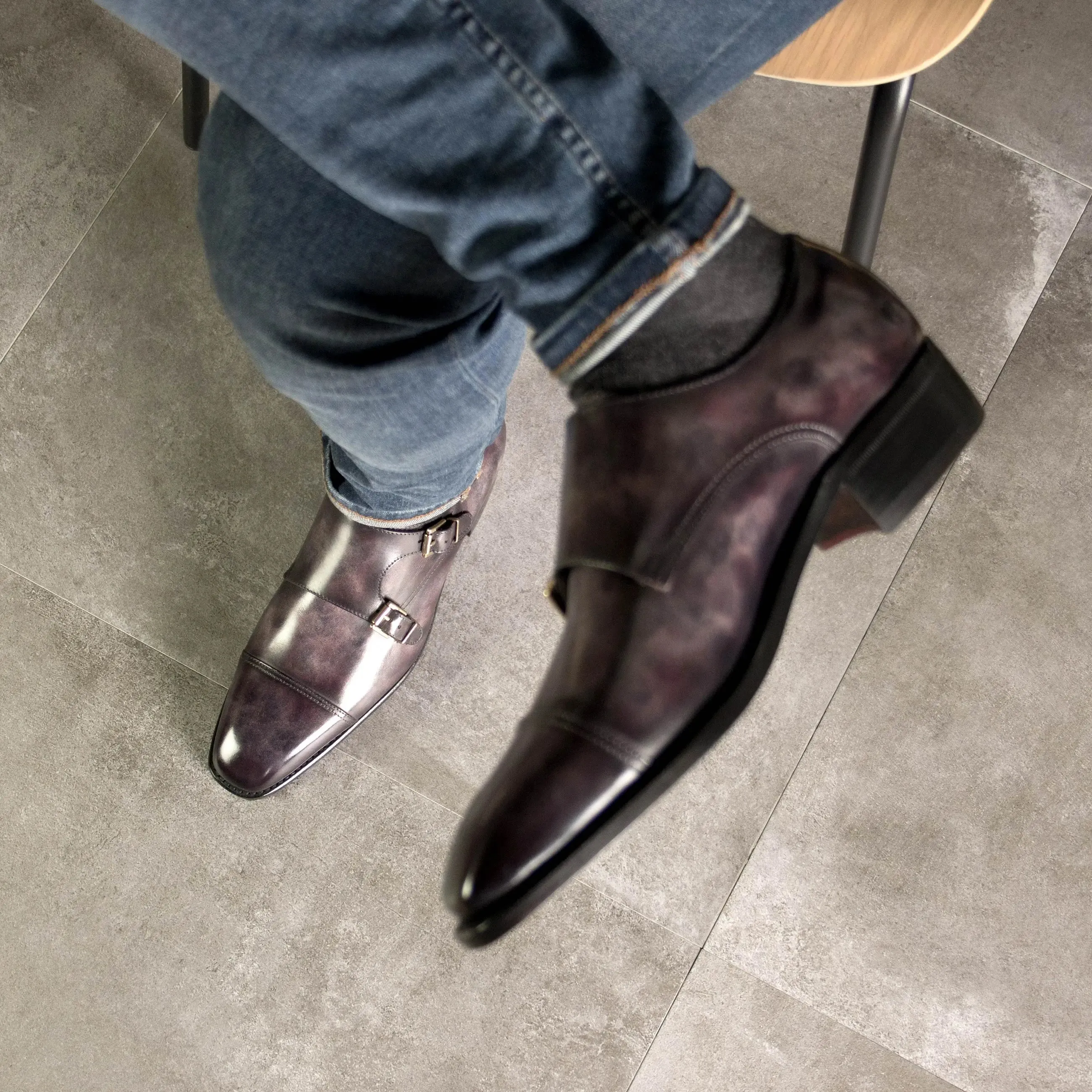 DapperFam Monaco in Aubergine Men's Hand-Painted Patina Double Monk