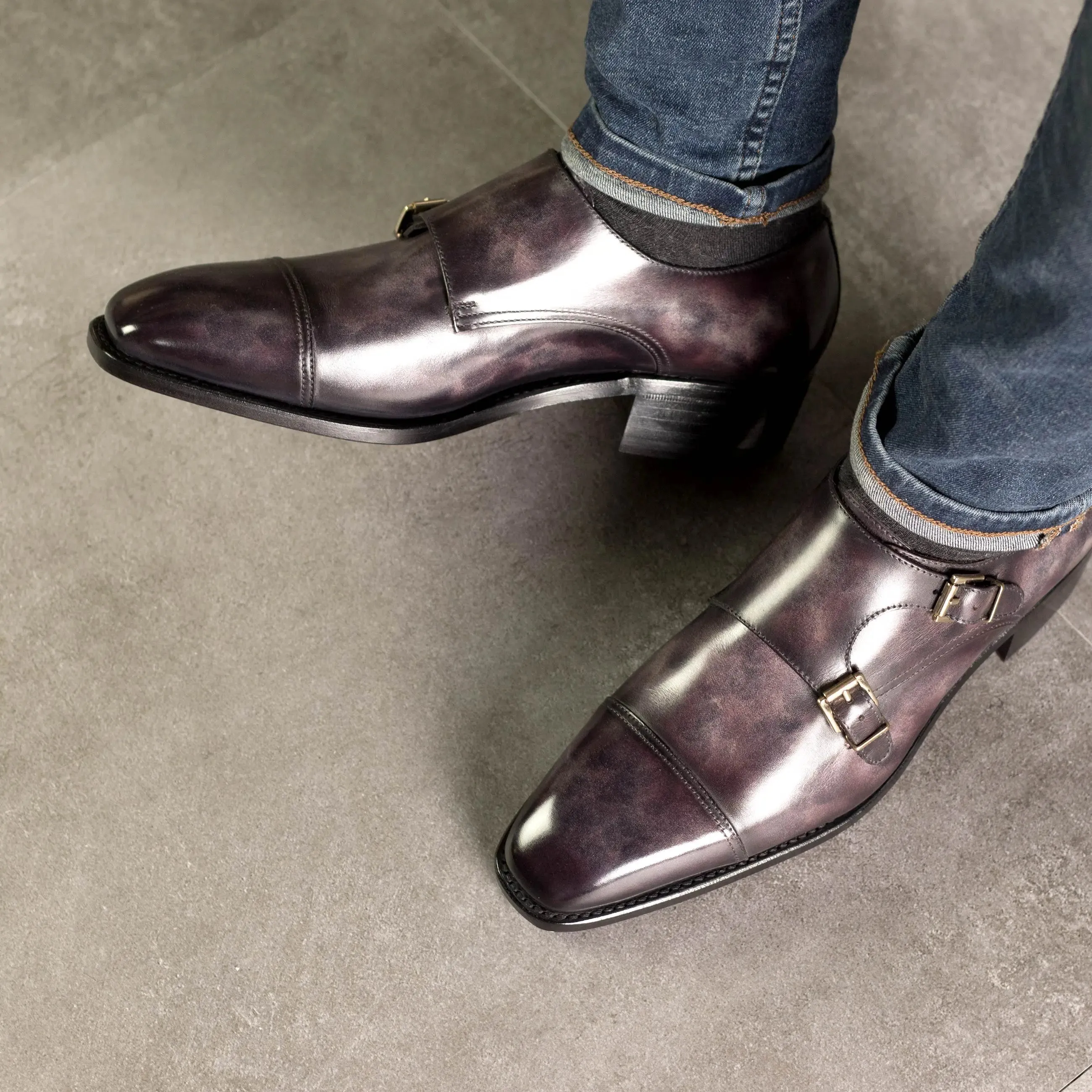 DapperFam Monaco in Aubergine Men's Hand-Painted Patina Double Monk