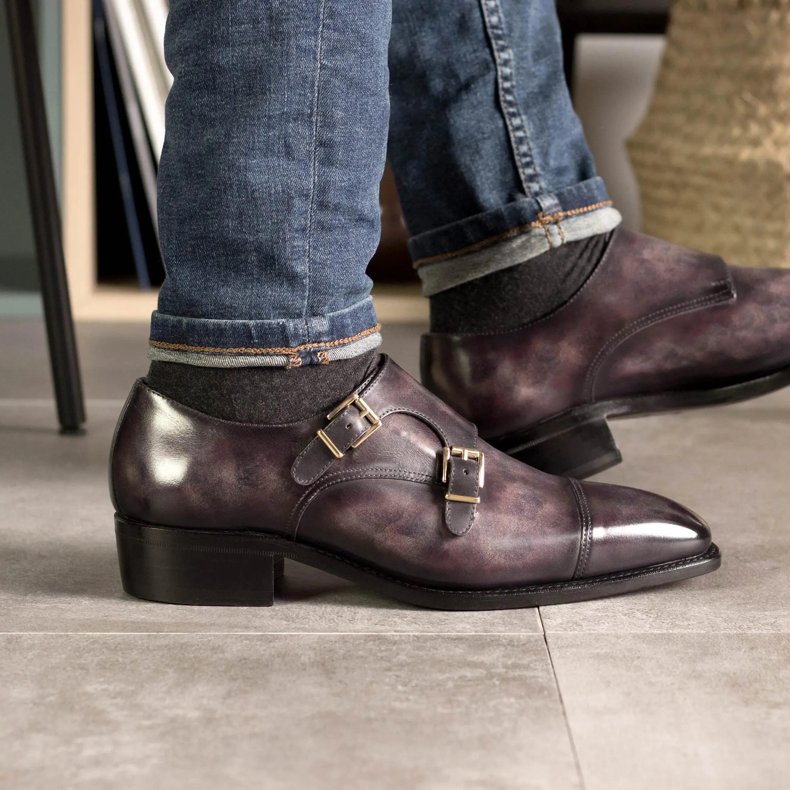 DapperFam Monaco in Aubergine Men's Hand-Painted Patina Double Monk