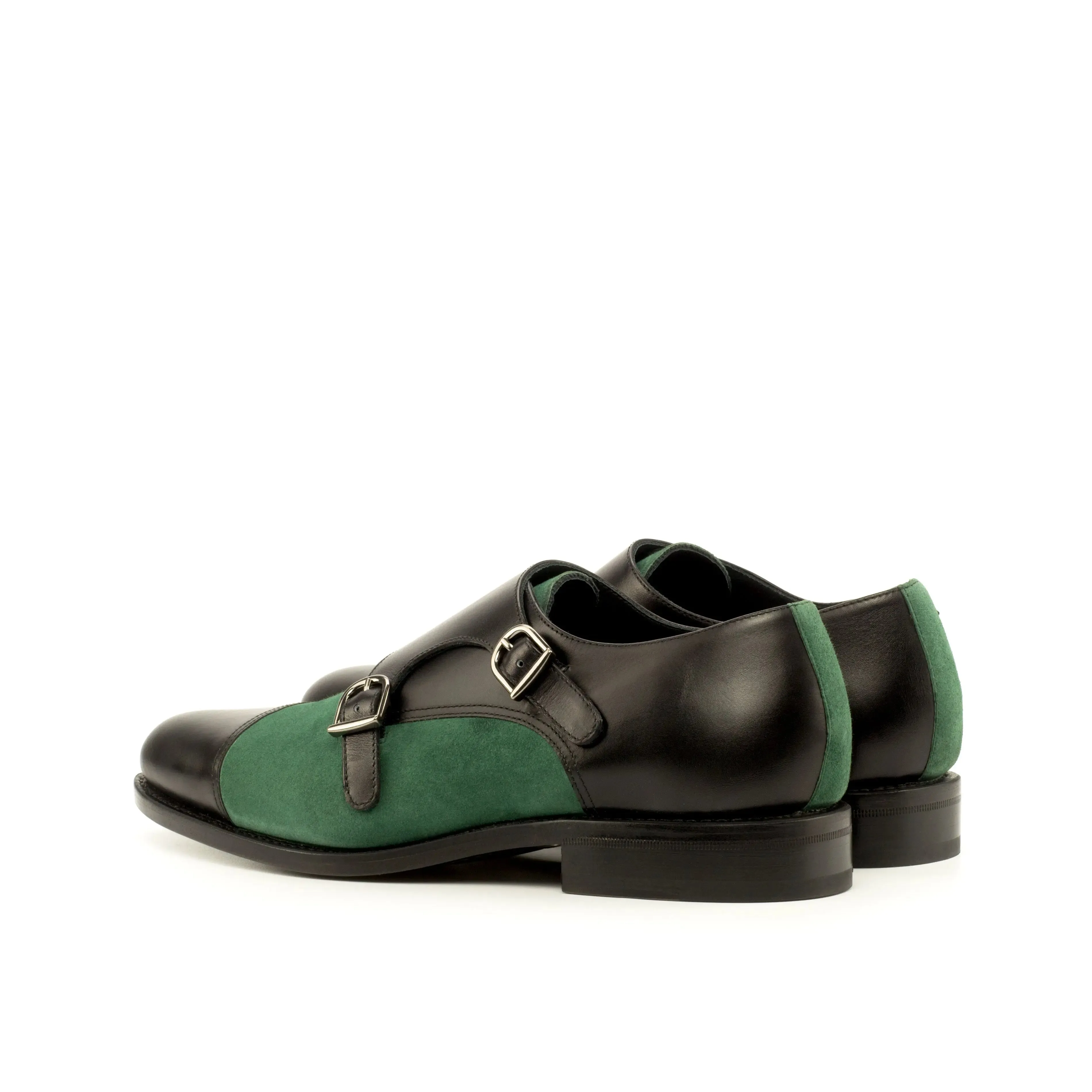 DapperFam Monaco in Black / Forest Men's Italian Leather & Italian Suede Double Monk