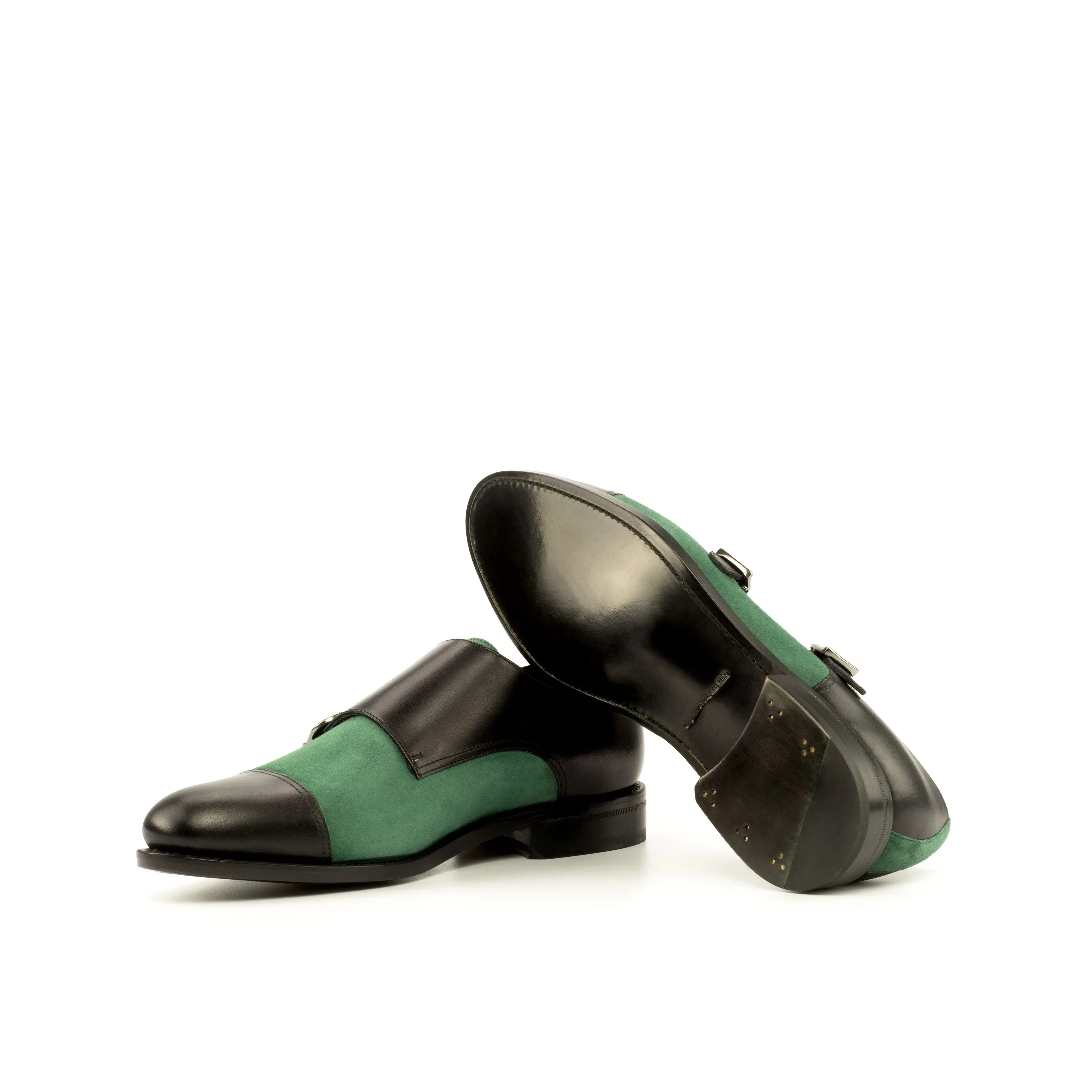 DapperFam Monaco in Black / Forest Men's Italian Leather & Italian Suede Double Monk