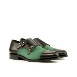 DapperFam Monaco in Black / Forest Men's Italian Leather & Italian Suede Double Monk
