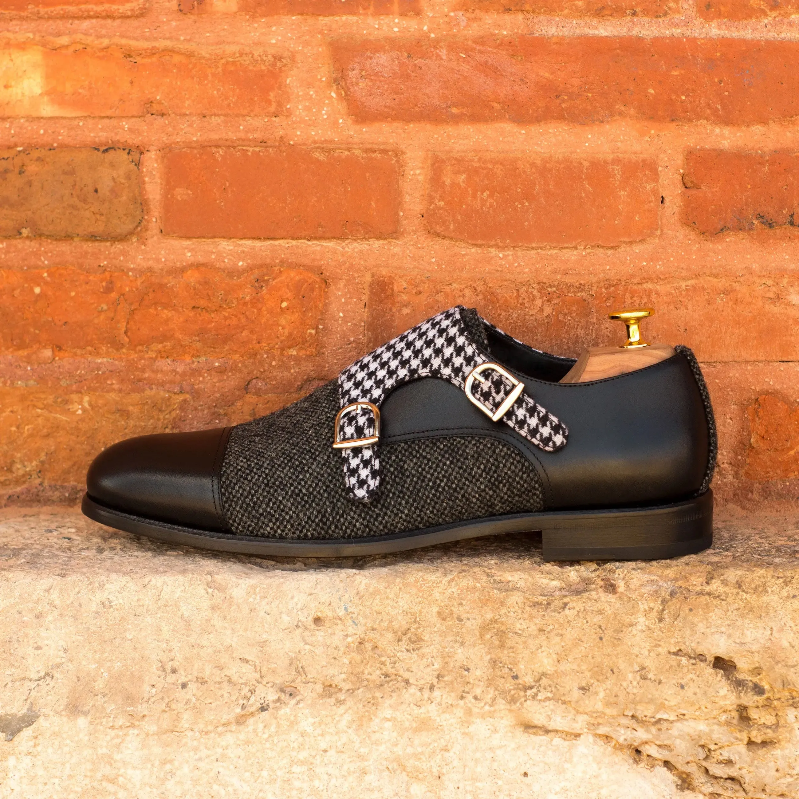 DapperFam Monaco in Black / Nailhead / Houndstooth Men's Sartorial & Italian Leather Double Monk