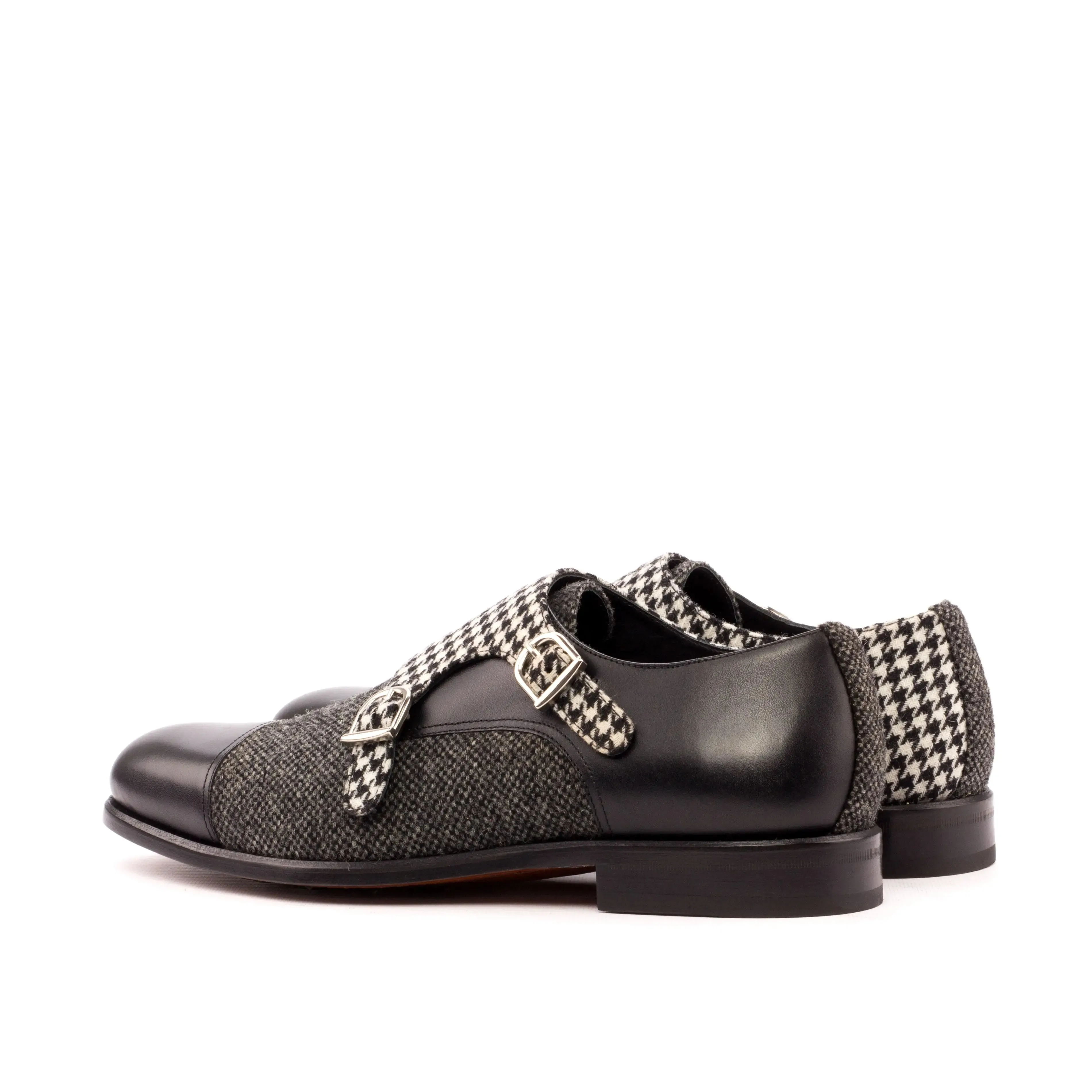 DapperFam Monaco in Black / Nailhead / Houndstooth Men's Sartorial & Italian Leather Double Monk