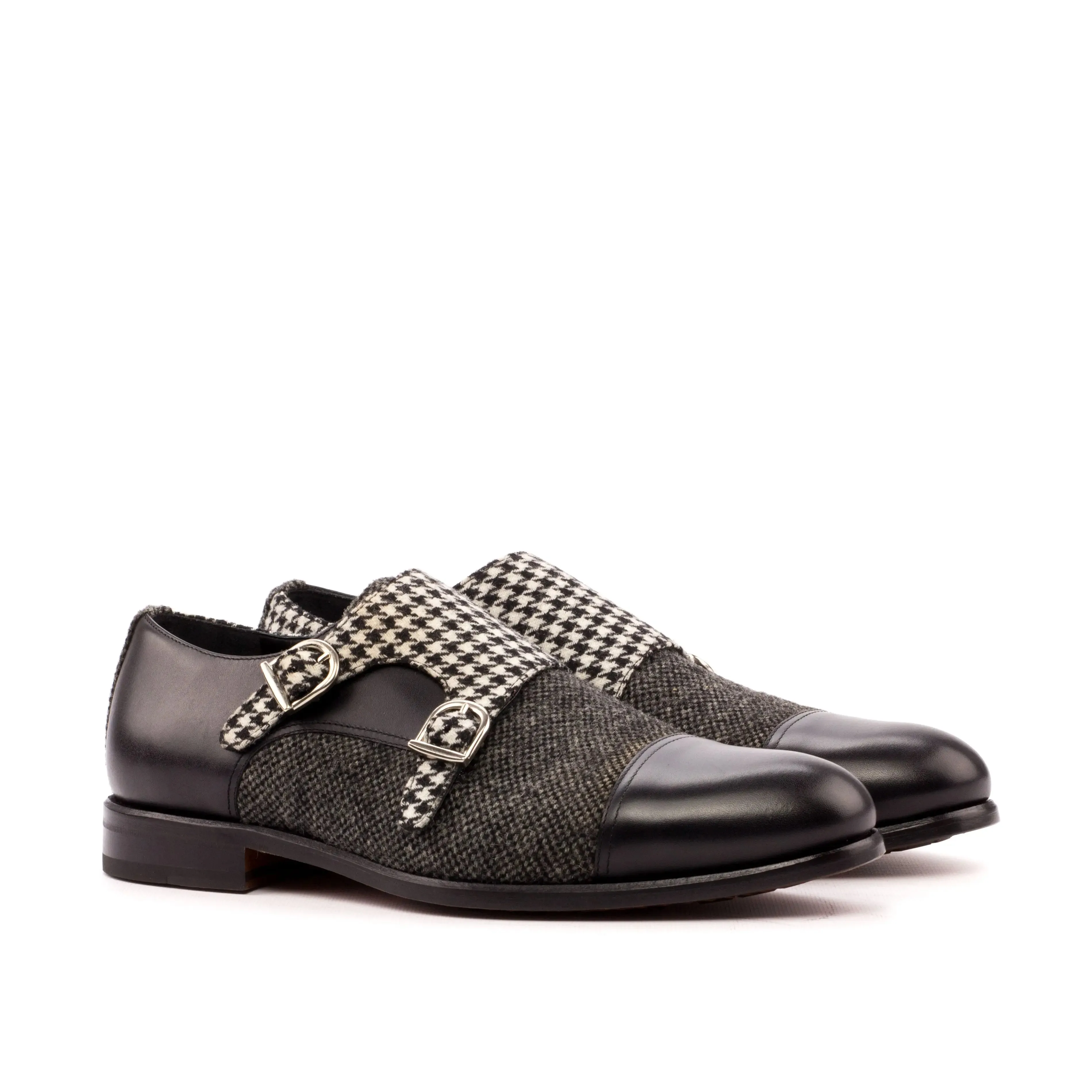 DapperFam Monaco in Black / Nailhead / Houndstooth Men's Sartorial & Italian Leather Double Monk
