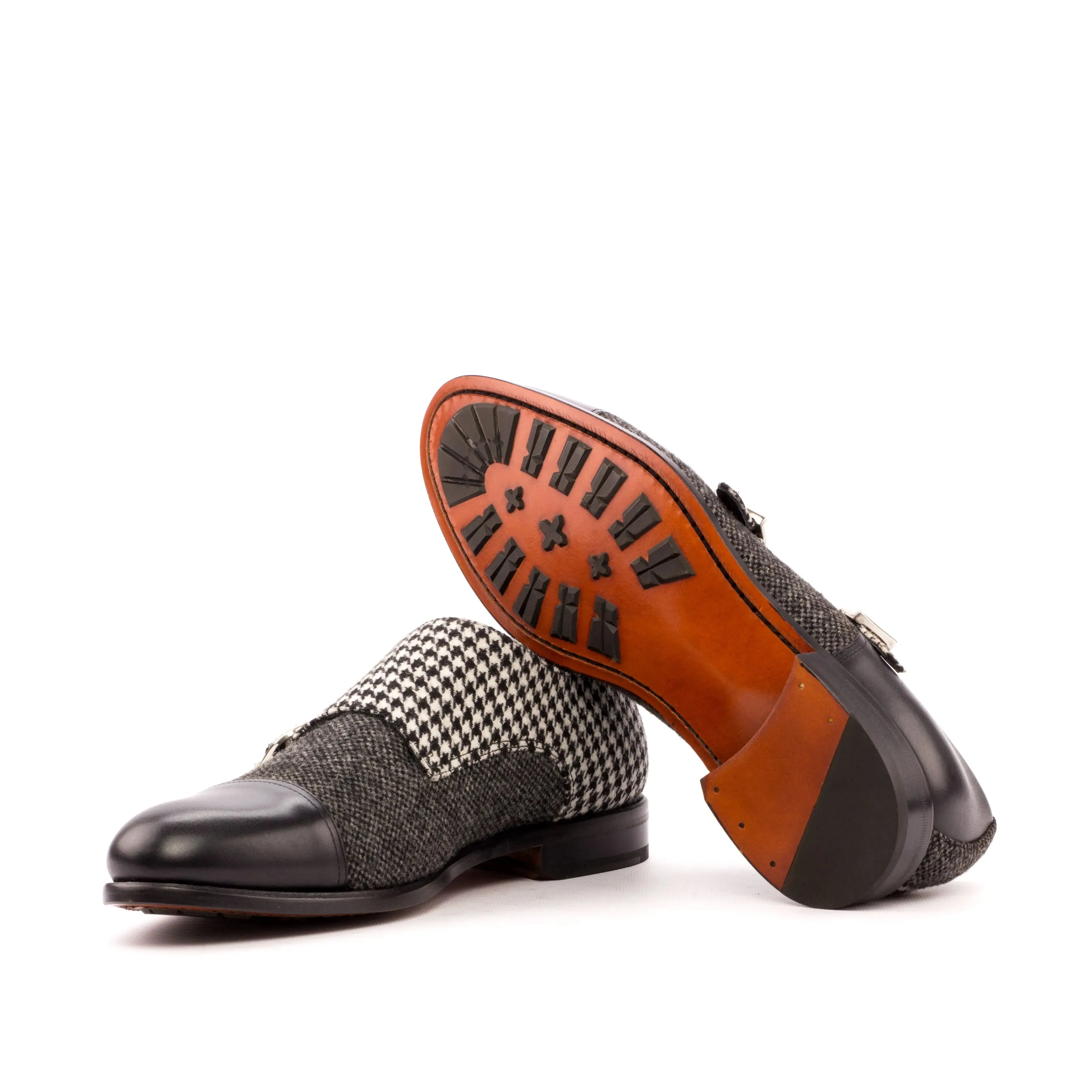 DapperFam Monaco in Black / Nailhead / Houndstooth Men's Sartorial & Italian Leather Double Monk