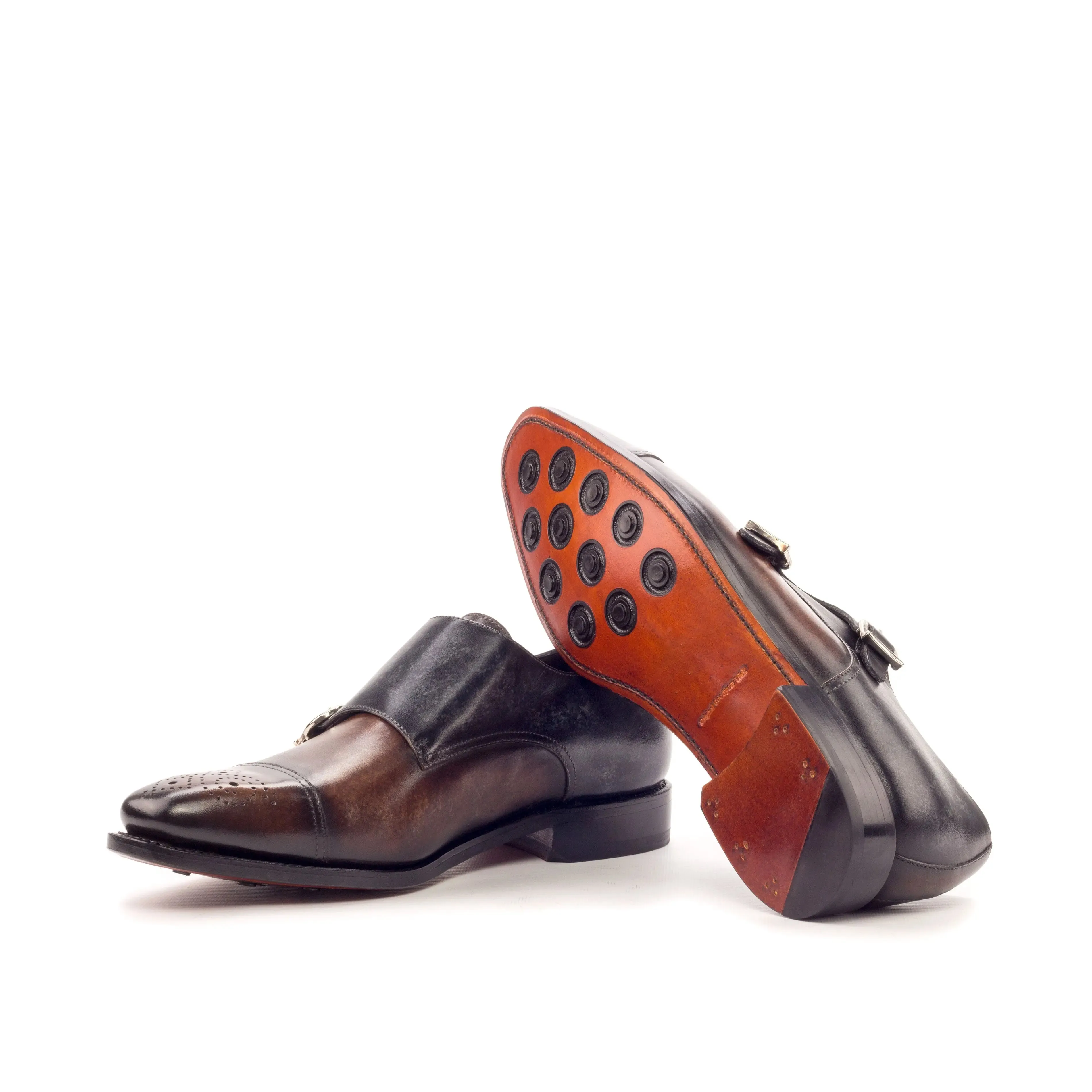 DapperFam Monaco in Brown / Grey Men's Hand-Painted Patina Double Monk
