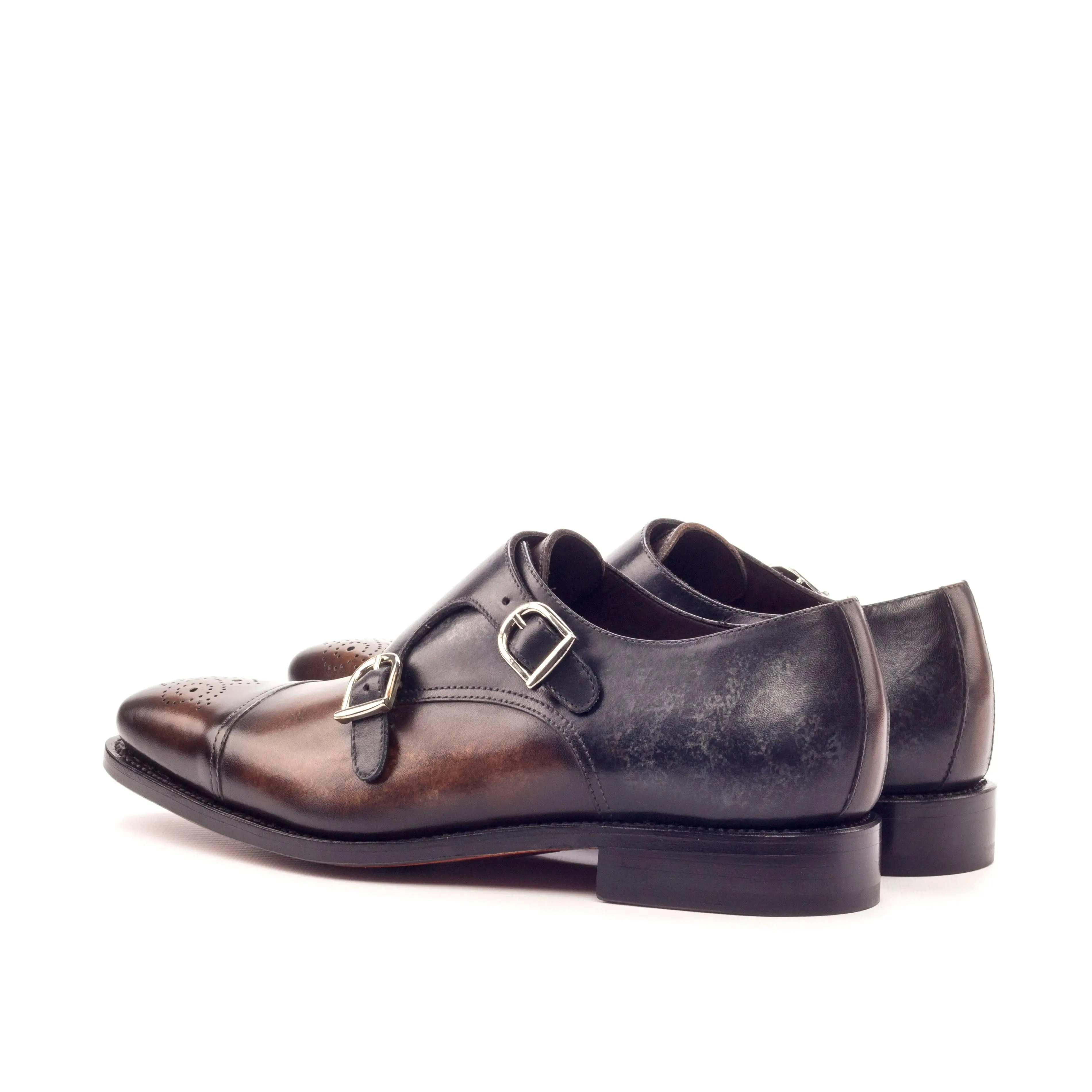 DapperFam Monaco in Brown / Grey Men's Hand-Painted Patina Double Monk