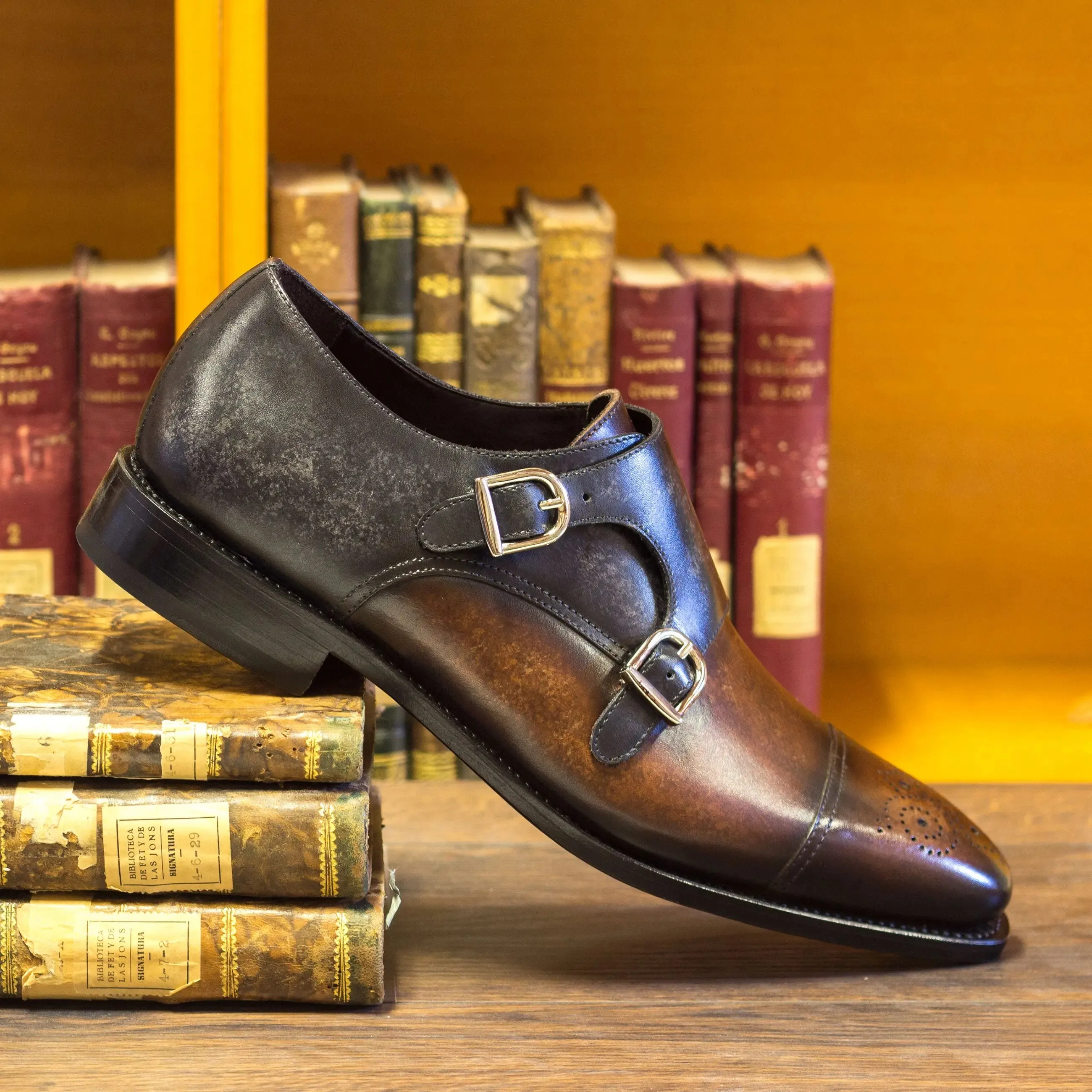 DapperFam Monaco in Brown / Grey Men's Hand-Painted Patina Double Monk