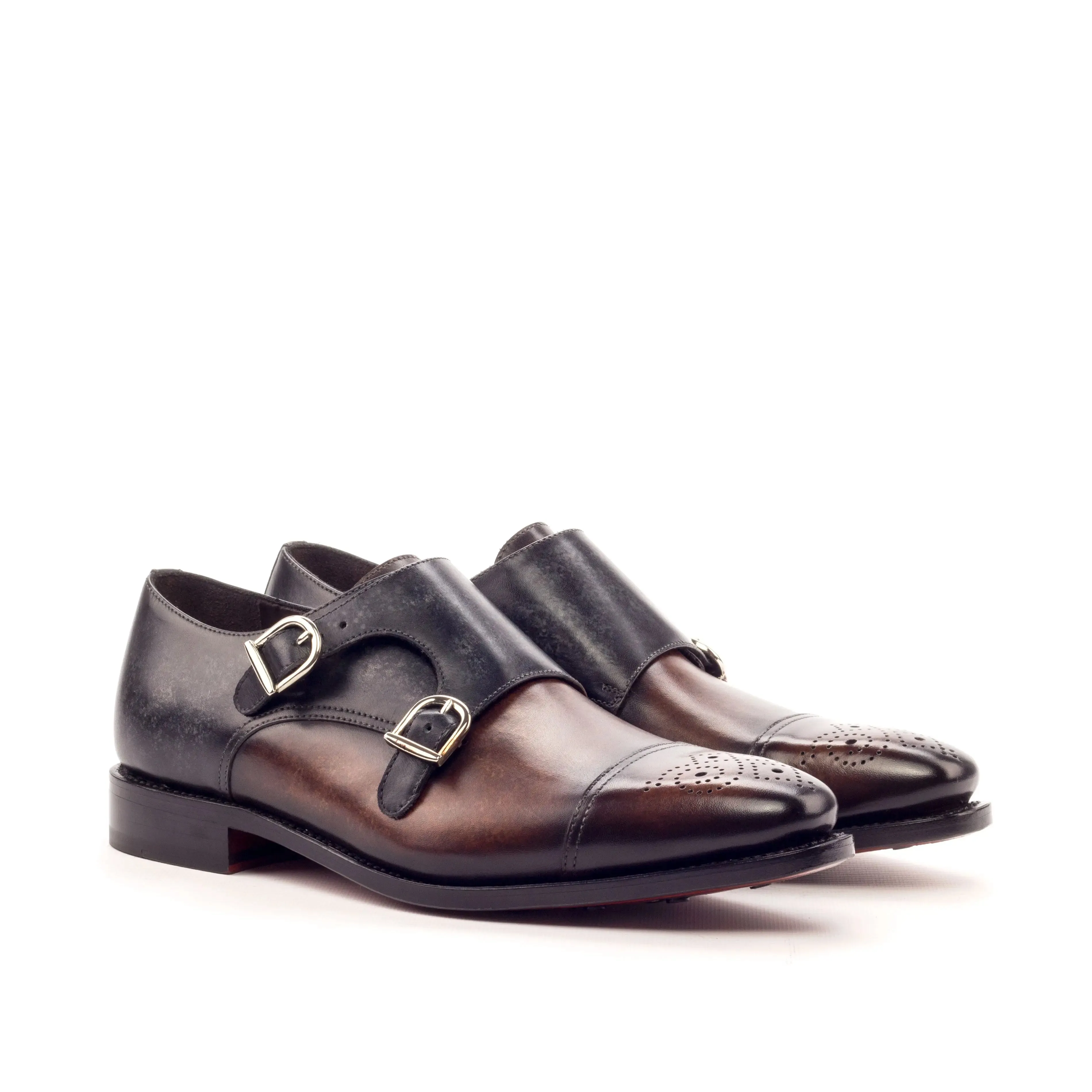 DapperFam Monaco in Brown / Grey Men's Hand-Painted Patina Double Monk