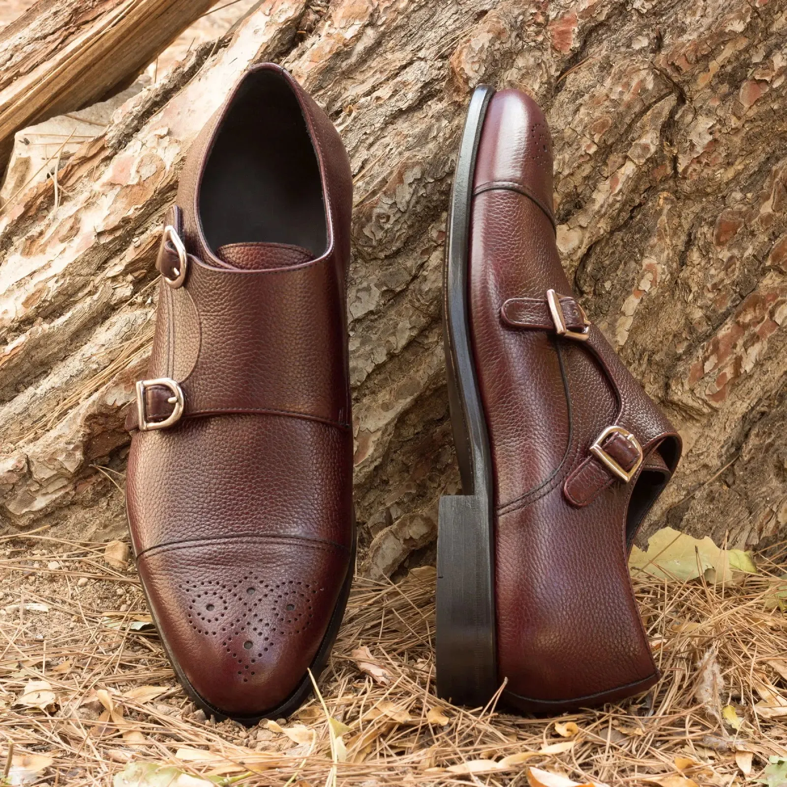 DapperFam Monaco in Burgundy Men's Italian Full Grain Leather Double Monk