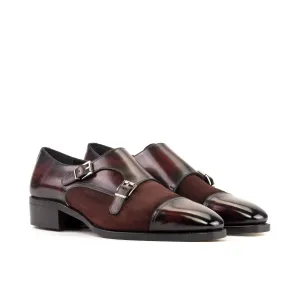 DapperFam Monaco in Burgundy Men's Lux Suede & Hand-Painted Patina Double Monk