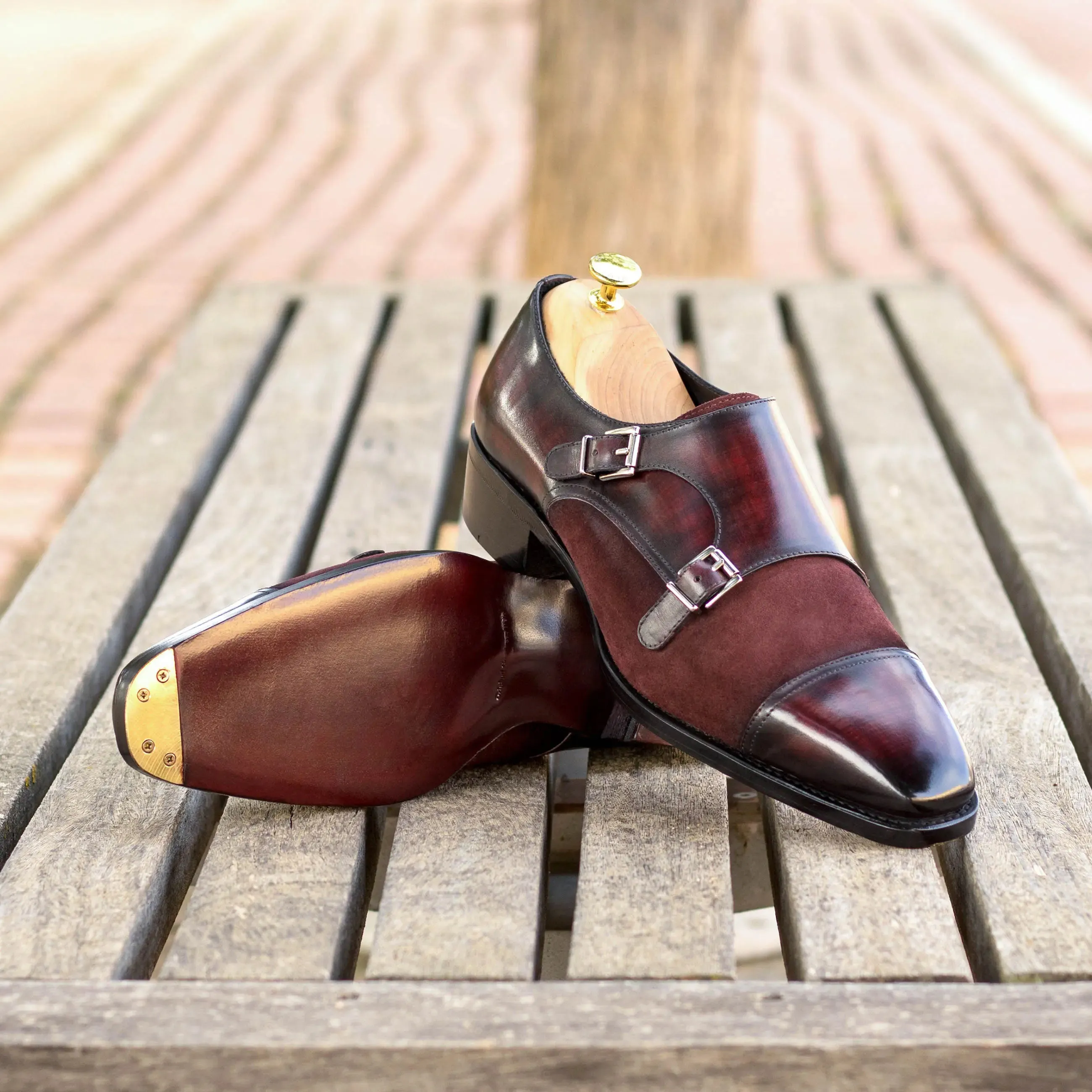 DapperFam Monaco in Burgundy Men's Lux Suede & Hand-Painted Patina Double Monk