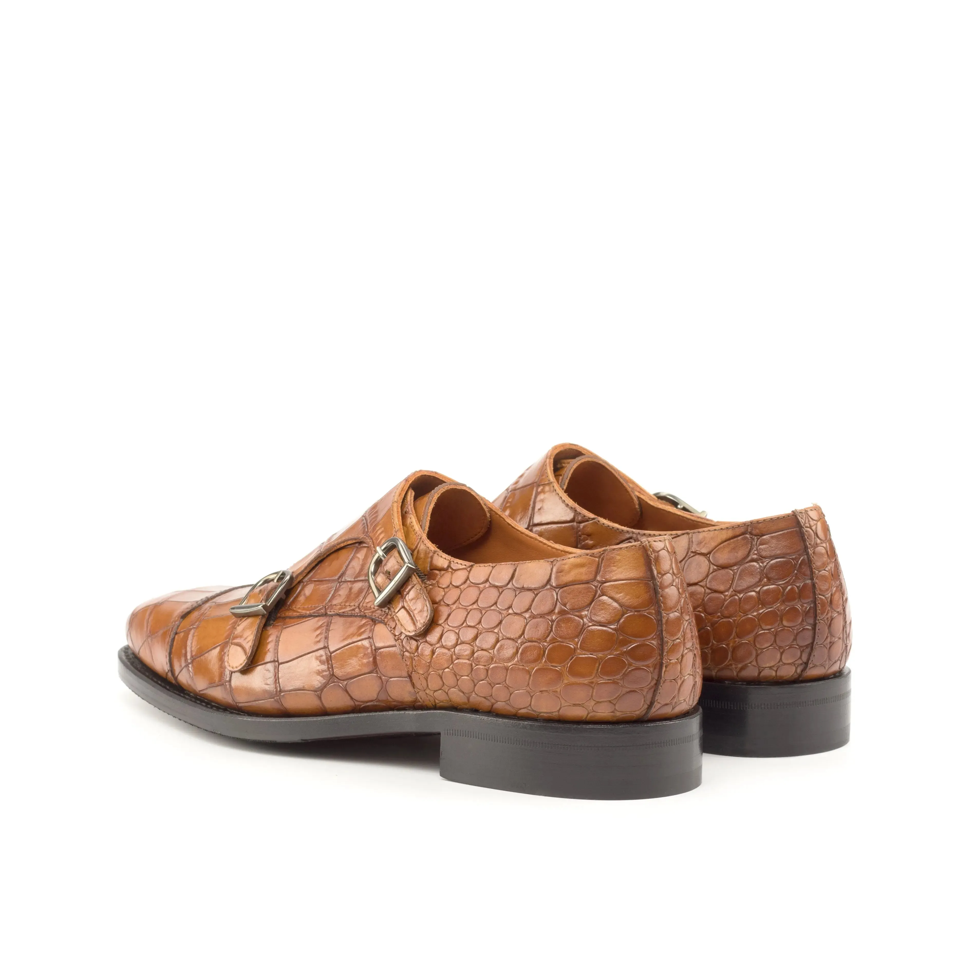DapperFam Monaco in Cognac Men's Italian Croco Embossed Leather Double Monk