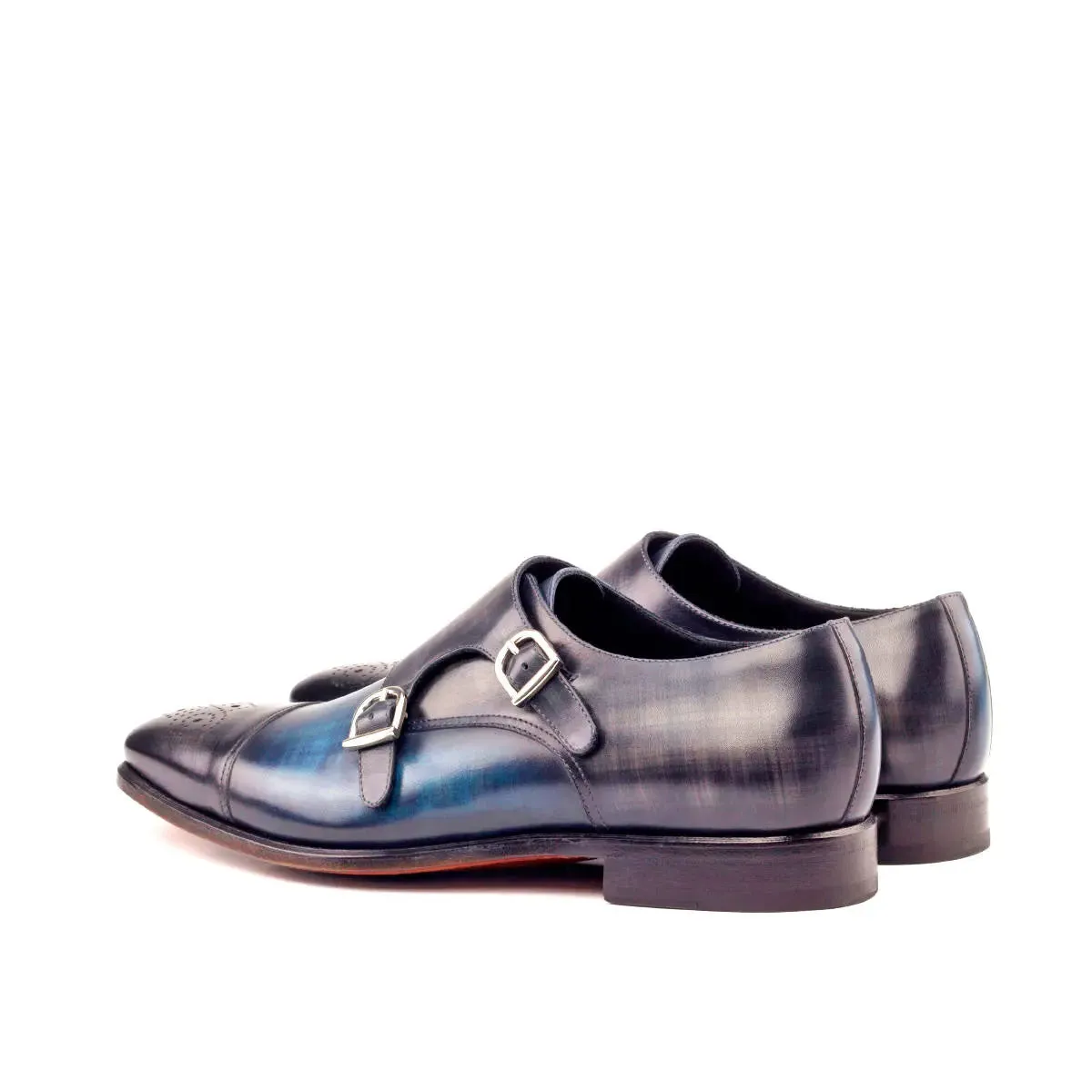 DapperFam Monaco in Denim / Grey Men's Hand-Painted Patina Double Monk