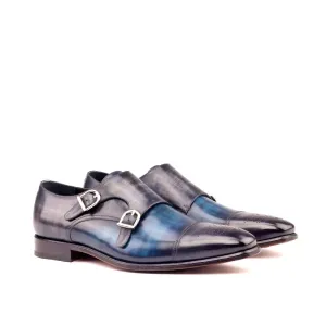 DapperFam Monaco in Denim / Grey Men's Hand-Painted Patina Double Monk