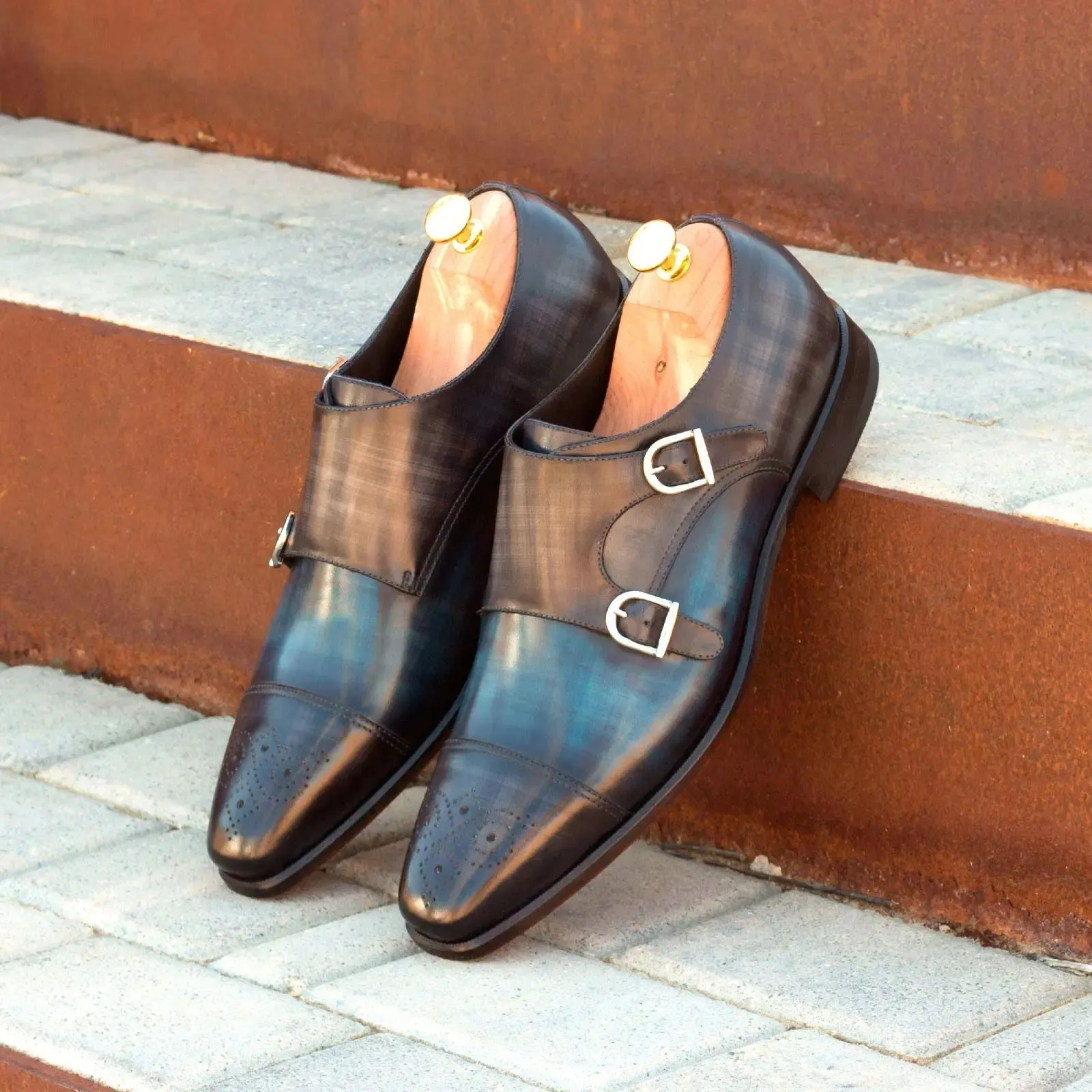 DapperFam Monaco in Denim / Grey Men's Hand-Painted Patina Double Monk