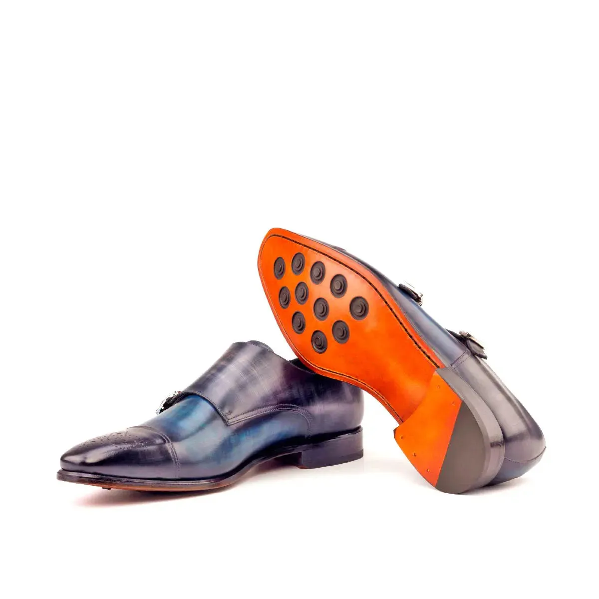 DapperFam Monaco in Denim / Grey Men's Hand-Painted Patina Double Monk