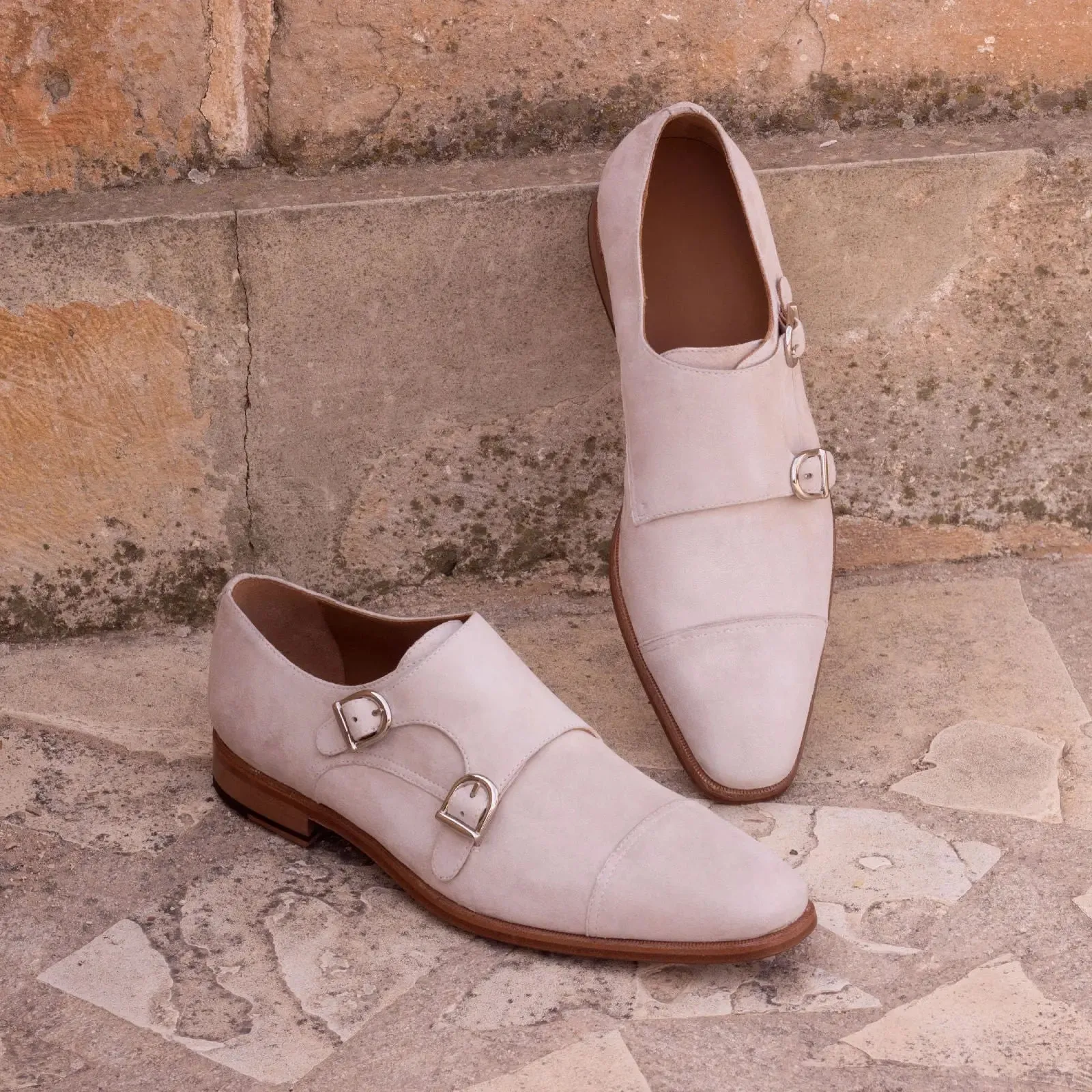 DapperFam Monaco in Ivory Men's Italian Suede Double Monk