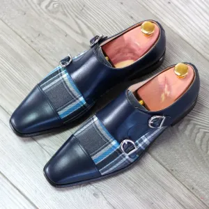 DapperFam Monaco in Plaid / Navy Men's Sartorial & Italian Leather Double Monk