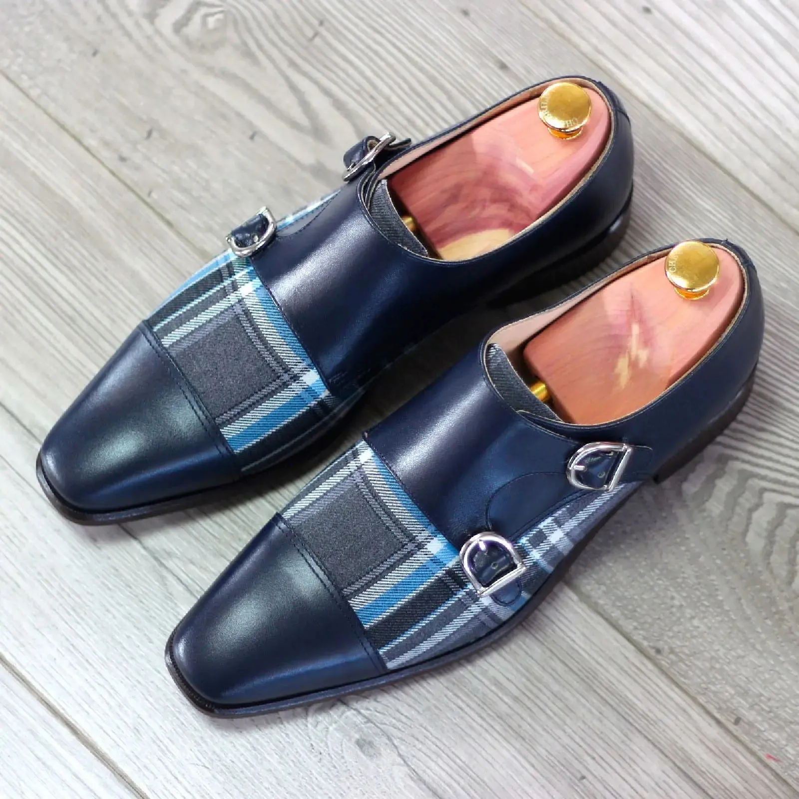 DapperFam Monaco in Plaid / Navy Men's Sartorial & Italian Leather Double Monk