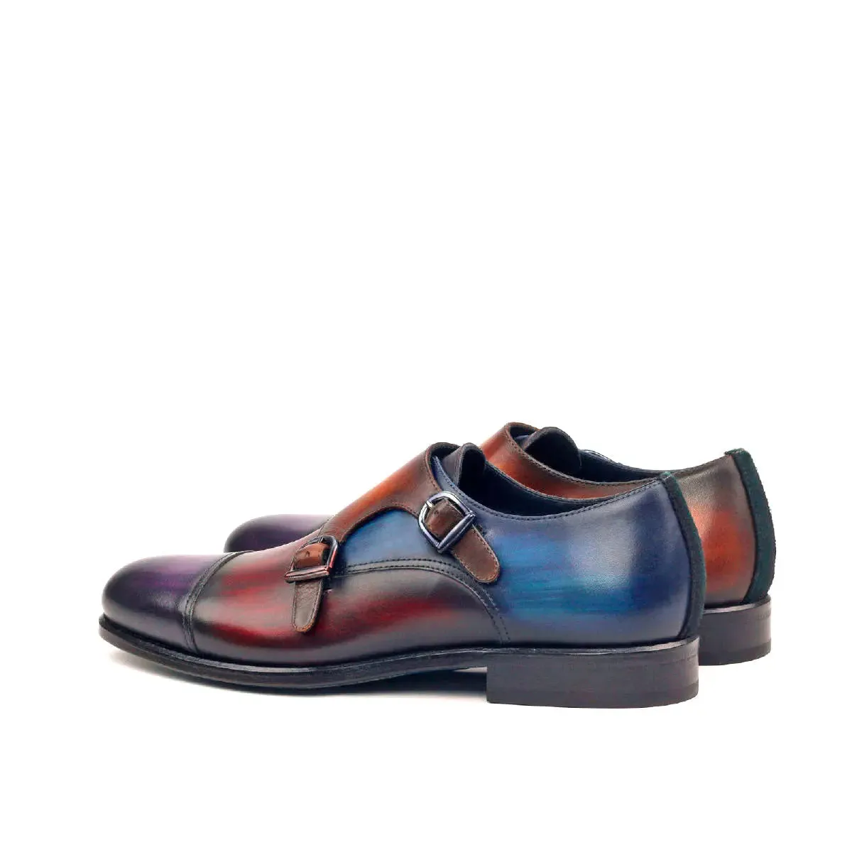 DapperFam Monaco in Purple / Denim / Cognac / Blackwatch Men's Sartorial & Hand-Painted Patina Double Monk