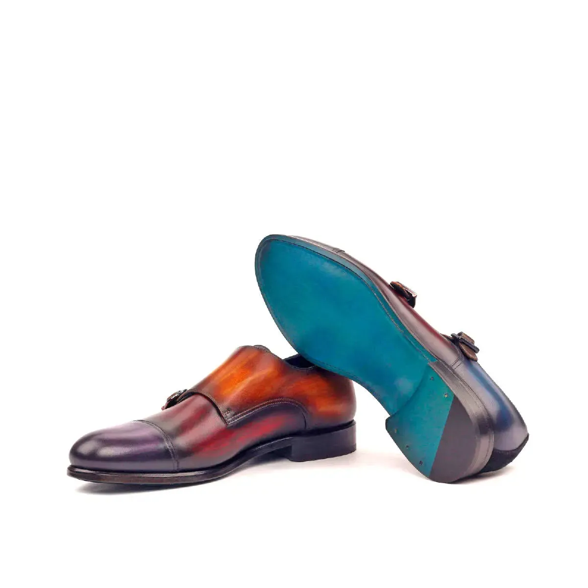 DapperFam Monaco in Purple / Denim / Cognac / Blackwatch Men's Sartorial & Hand-Painted Patina Double Monk