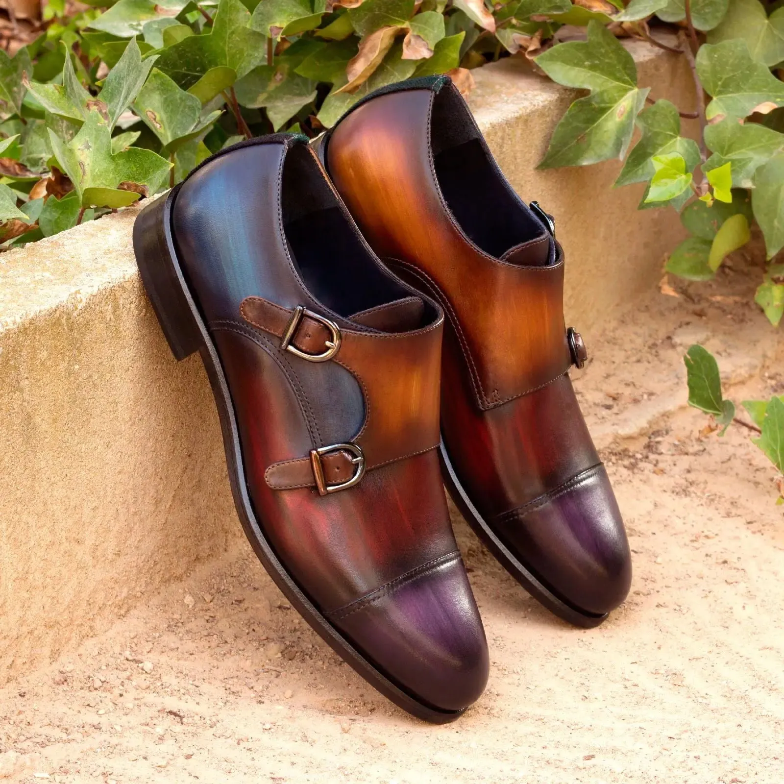 DapperFam Monaco in Purple / Denim / Cognac / Blackwatch Men's Sartorial & Hand-Painted Patina Double Monk