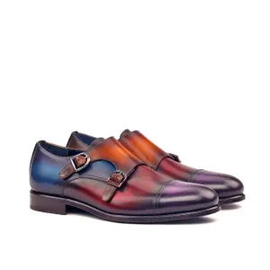 DapperFam Monaco in Purple / Denim / Cognac / Blackwatch Men's Sartorial & Hand-Painted Patina Double Monk