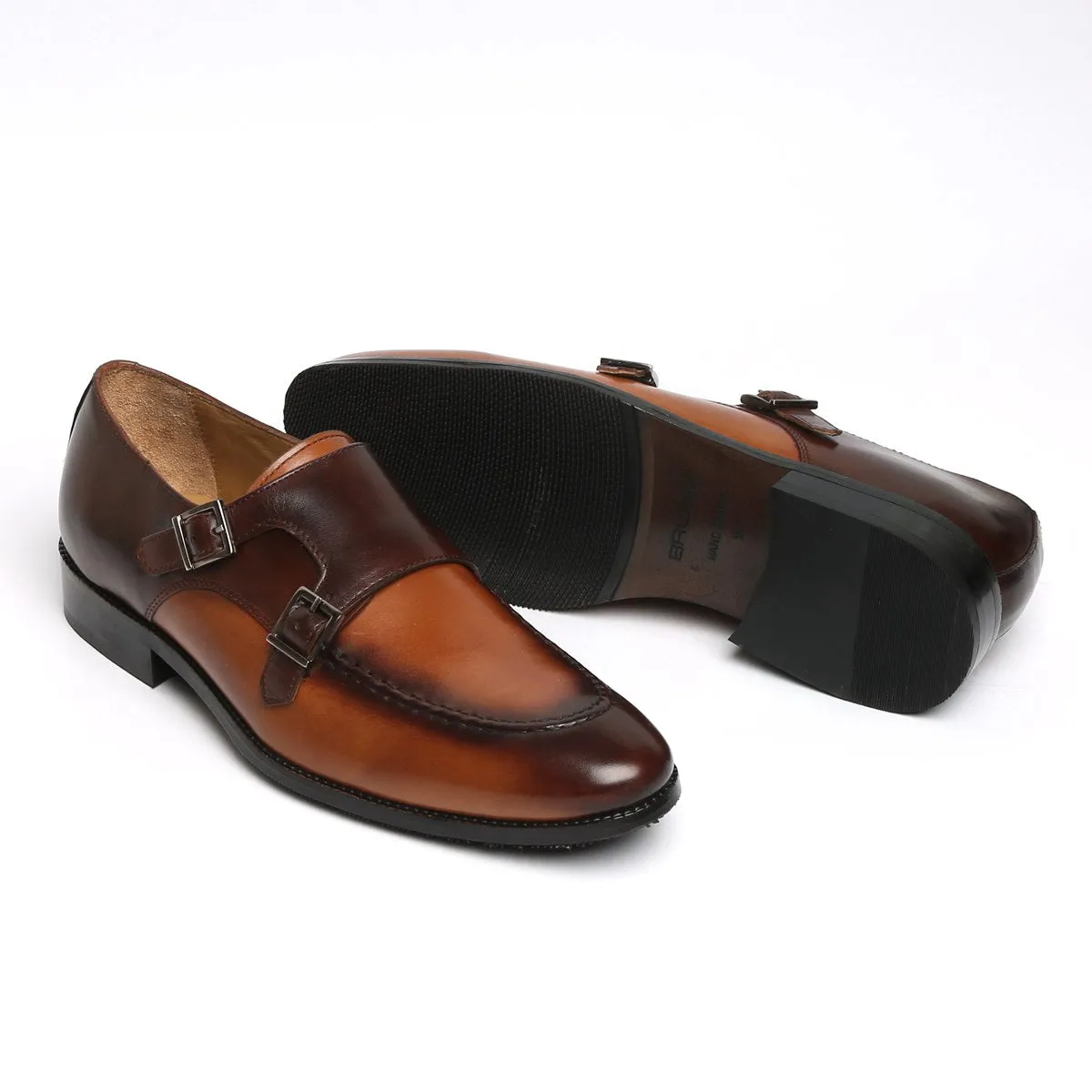 Dual Tone Tan-Brown Contrasting Double Monk Shoes