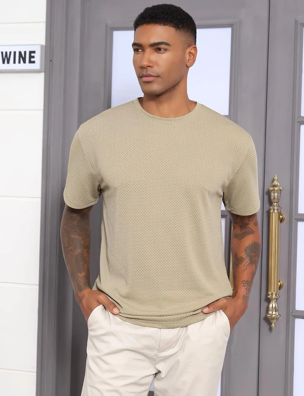 Men's Casual T-Shirts Knit Short Sleeve Crewneck Shirts Casual Stylish Knitted Pullover Tees Top